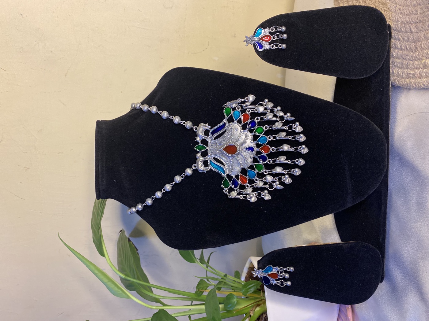 Oxidised Silver Multicolor Necklace + Earrings Set